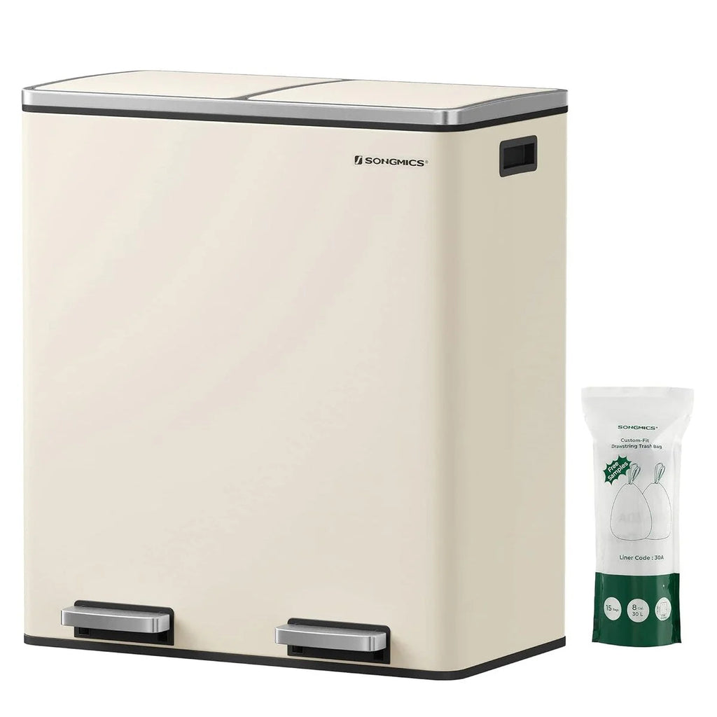 SONGMICS Poubelle double, 60L en acier inoxydable, Amande