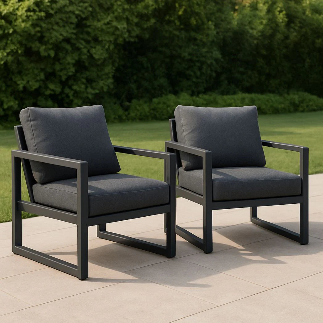 Lot de 2 fauteuils de jardin extérieurs en aluminium gris avec coussins en polyester