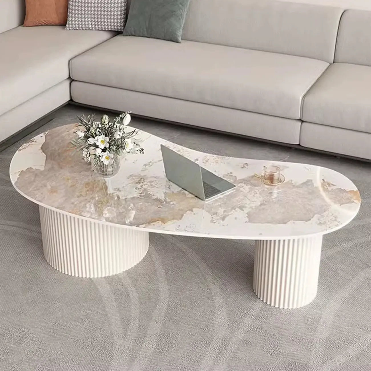 Table basse ovale standard minimaliste blanche avec 2 tiroirs