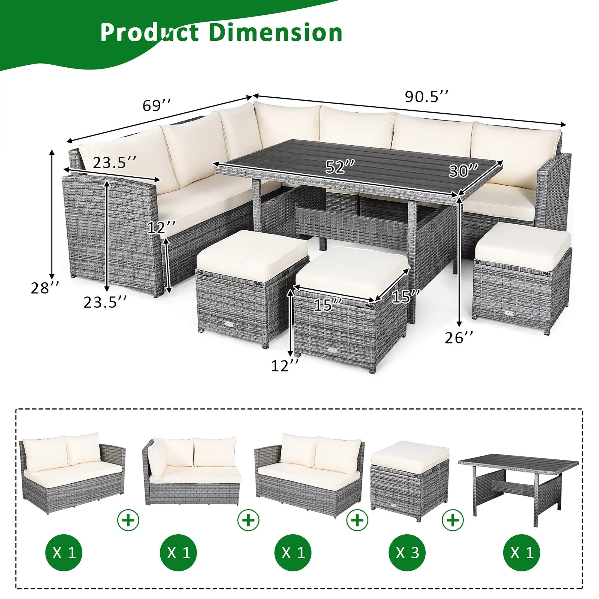 Ensemble de salle à manger Costway 7 pièces en rotin pour terrasse, canapé sectionnel et pouf - Voir détails