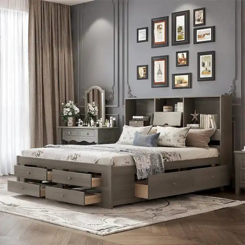 Lit plate-forme King Size avec tête de lit de rangement et 8 tiroirs