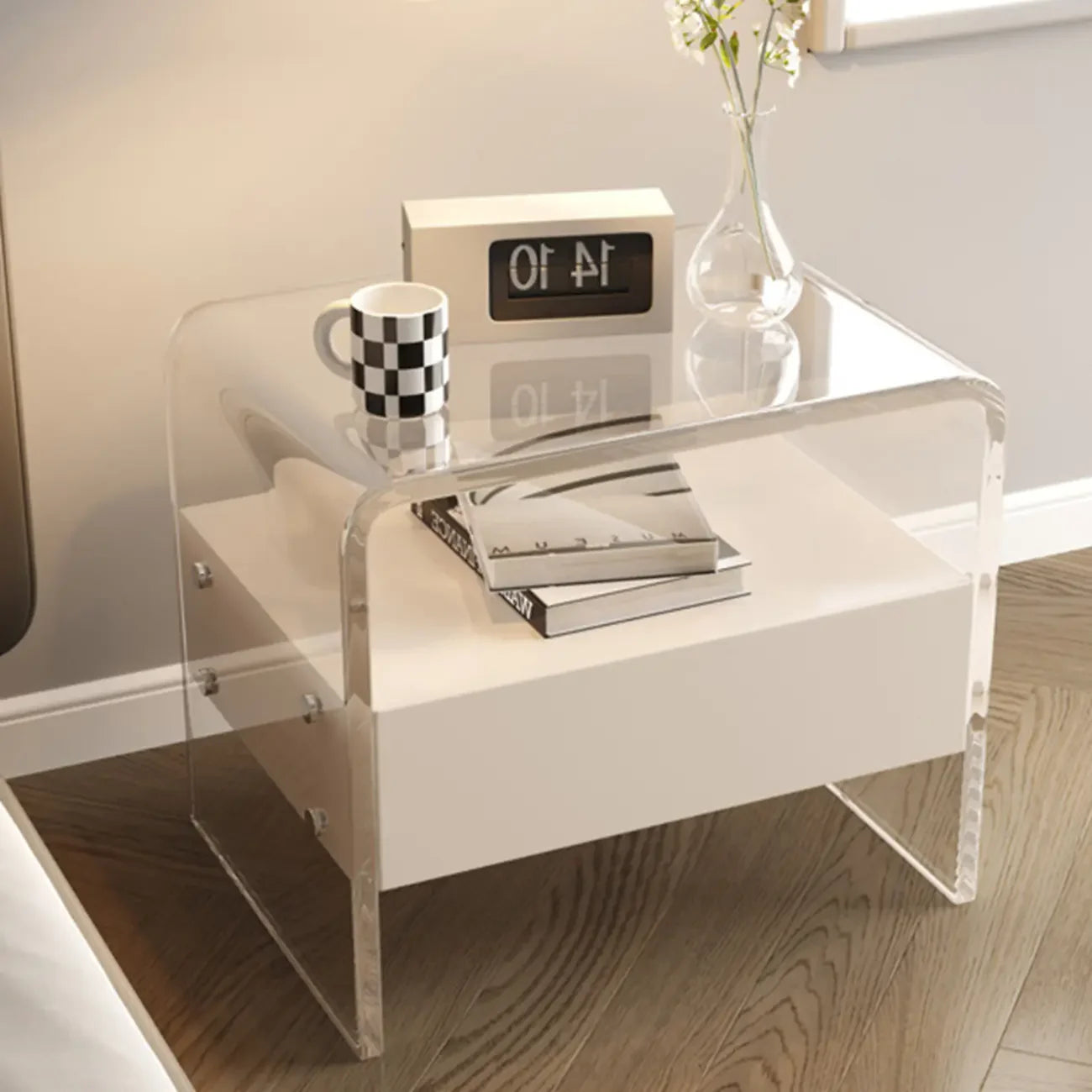 Table de chevet avec tiroirs de rangement en acrylique blanc transparent