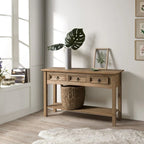 Console de couloir rustique en pin massif, blanc cérusé / marron antique / gris cérusé / non peinte, 3 tiroirs