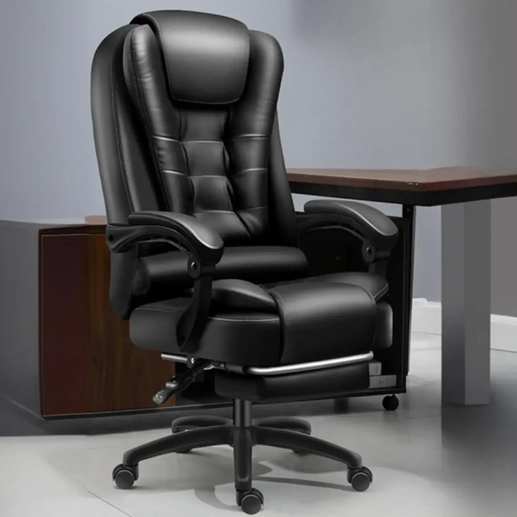 Fauteuil de bureau ergonomique pivotant en cuir noir avec repose-pieds