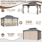 Tonnelle EROMMY à toit rigide, pergola extérieure avec double toit, moustiquaire et rideaux, auvent robuste pour patio, jardin, fête au bord de la piscine