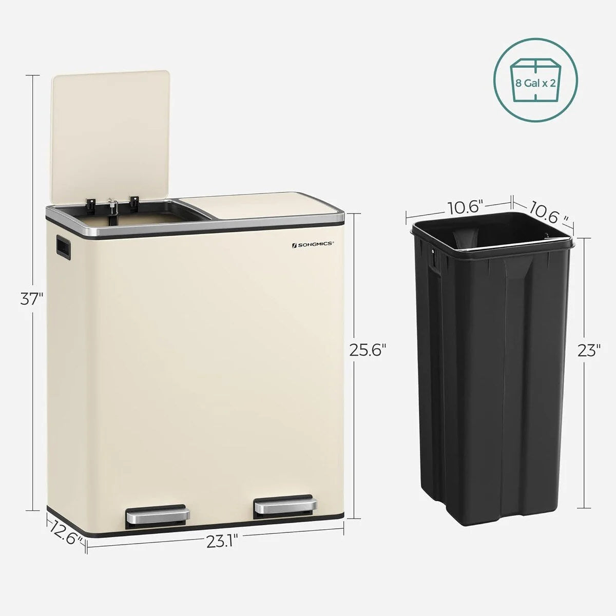 SONGMICS Poubelle double, 60L en acier inoxydable, Amande