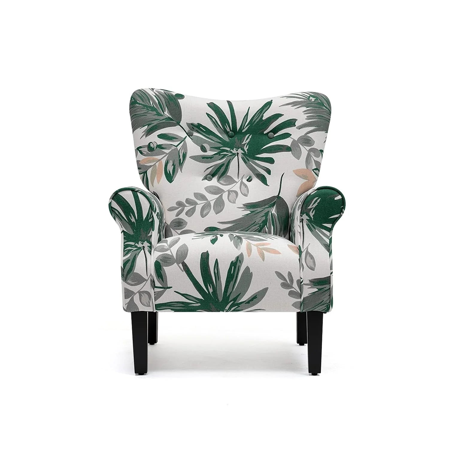 Fauteuil d'appoint moderne Erommy, fauteuil à dossier haut, canapé simple en tissu rembourré avec boutons et pieds en bois pour salon