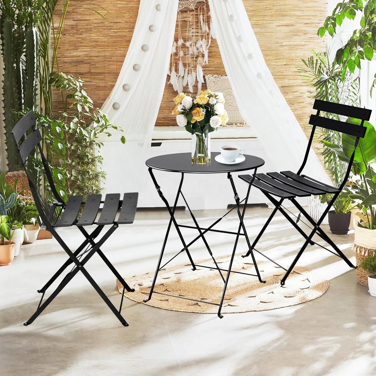 Ensemble bistro pliant 3 pièces en métal, ensemble de conversation intérieur/extérieur résistant aux intempéries pour patio, cour, jardin
