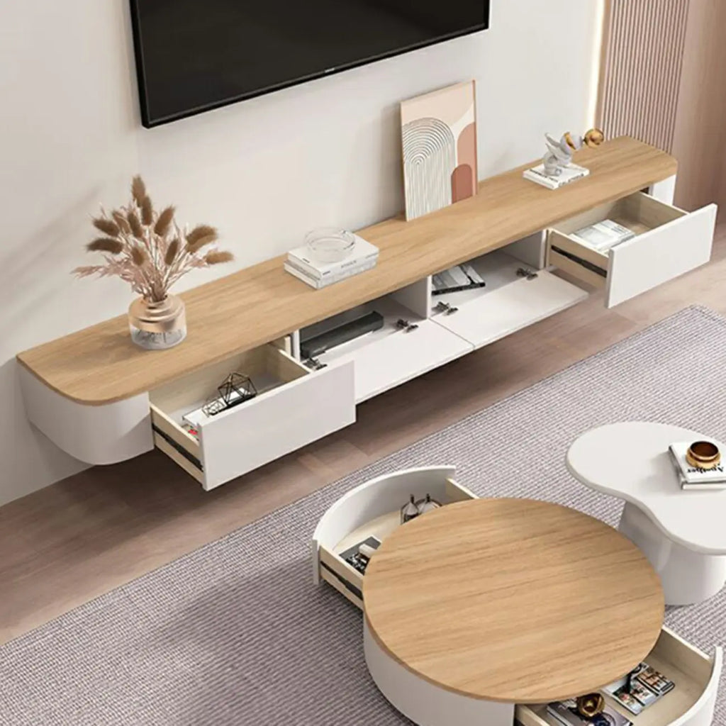 Meuble TV flottant contemporain en bois blanc avec tiroirs