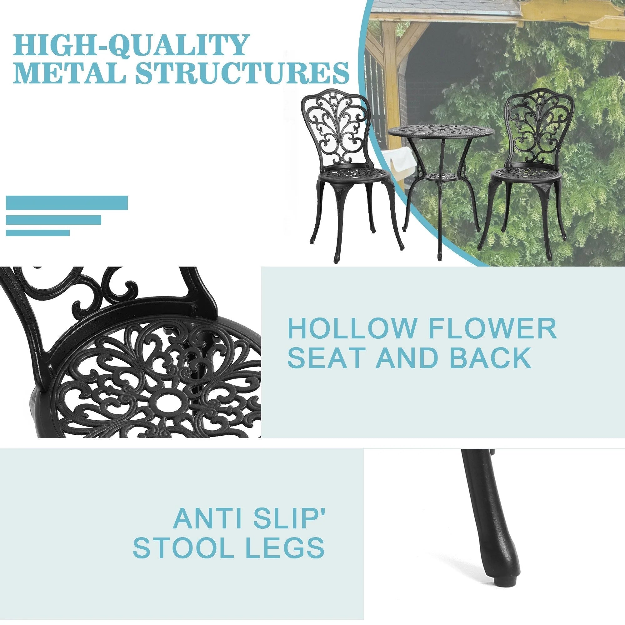 Table et chaises de patio extérieur en aluminium 3 pièces avec trou pour parasol