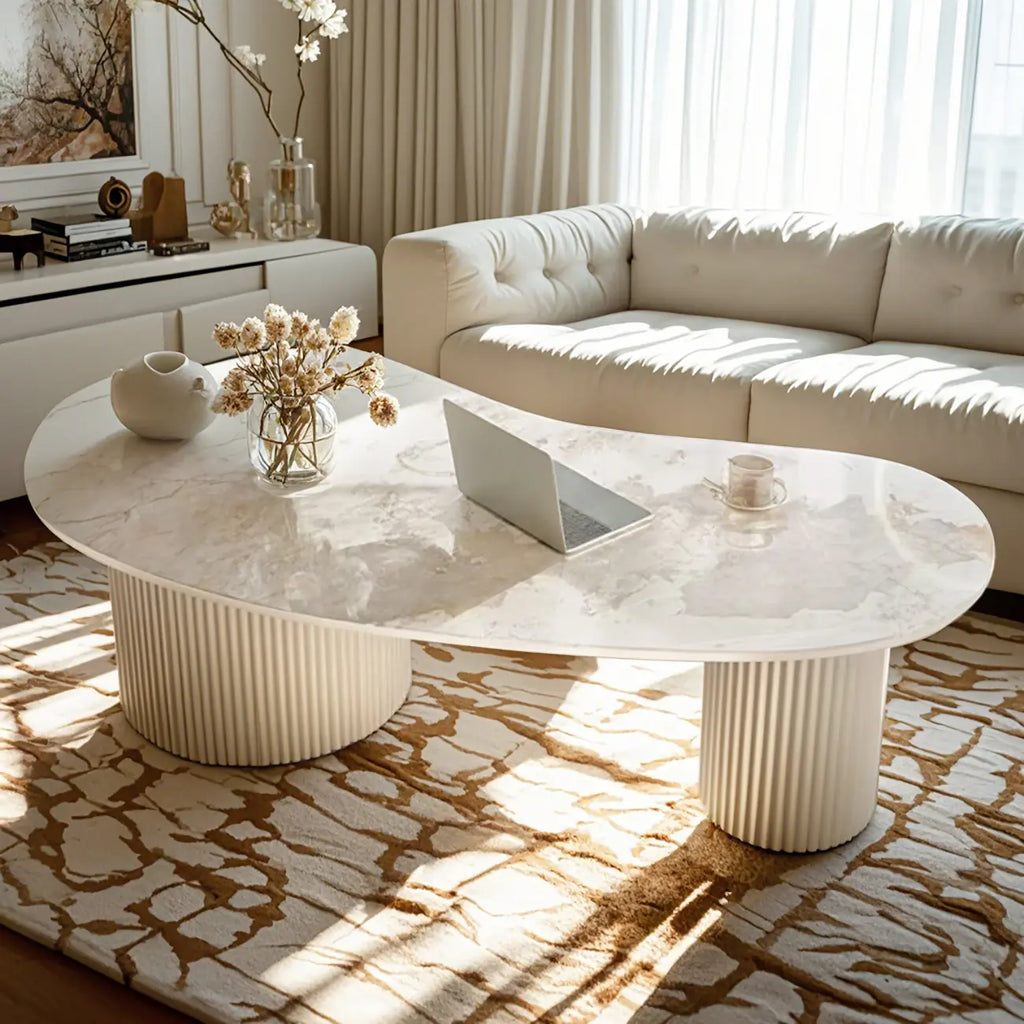 Table basse ovale standard minimaliste blanche avec 2 tiroirs