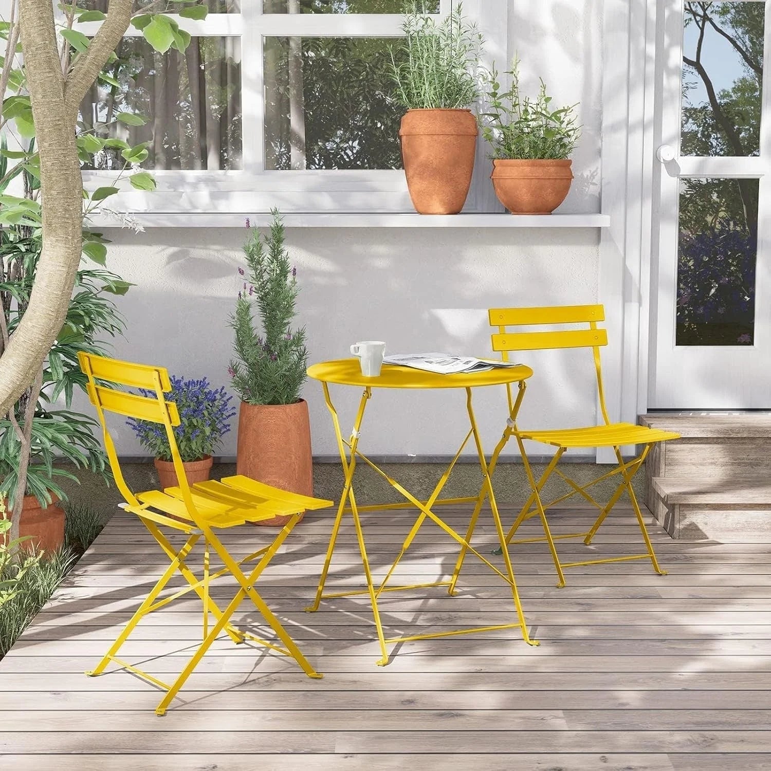 Ensemble bistro pliant 3 pièces en métal, ensemble de conversation intérieur/extérieur résistant aux intempéries pour patio, cour, jardin