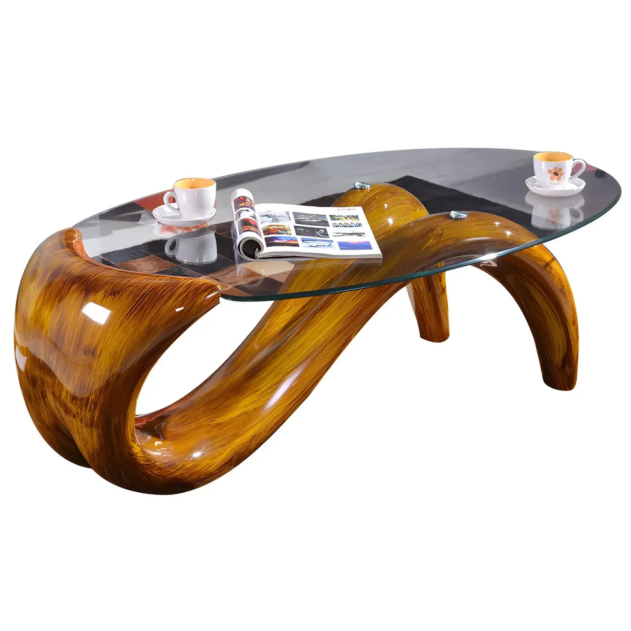 Table basse ovale moderne avec plateau en verre et base en métal