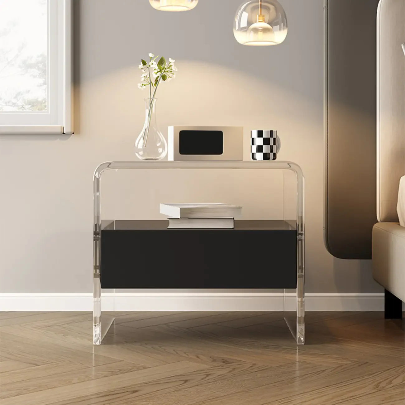Table de chevet avec tiroirs de rangement en acrylique blanc transparent