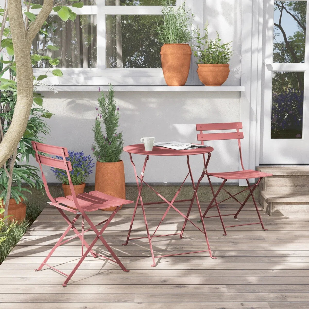 Ensemble bistro pliant 3 pièces en métal, salon de conversation intérieur/extérieur résistant aux intempéries pour patio, cour, jardin