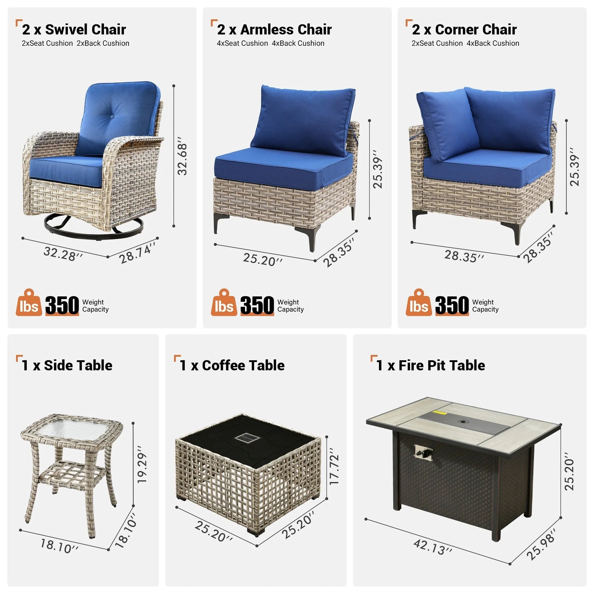 Ensemble de 9 chaises pivotantes en osier OVIOS pour l'extérieur avec table brasero