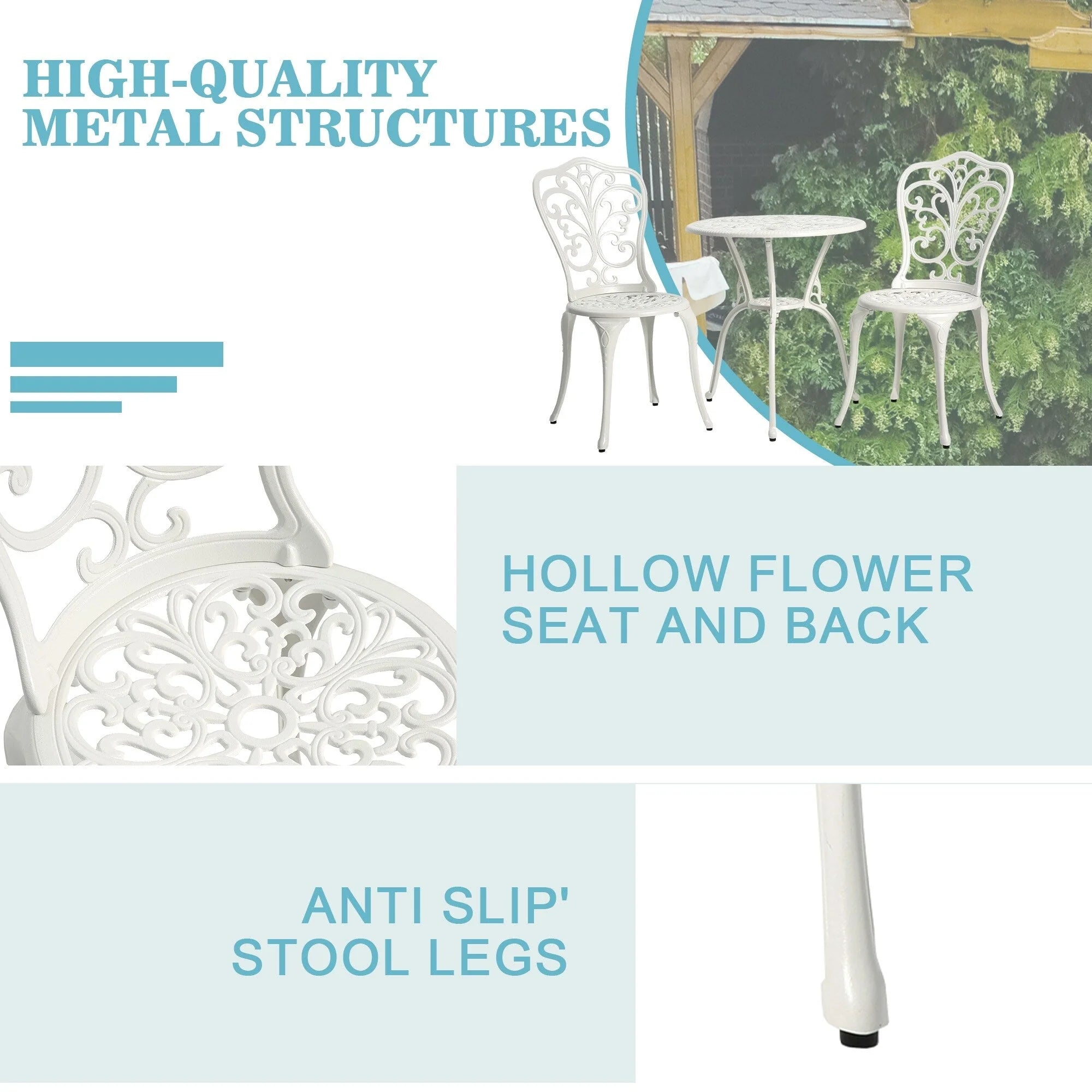 Table et chaises de patio extérieur en aluminium 3 pièces avec trou pour parasol