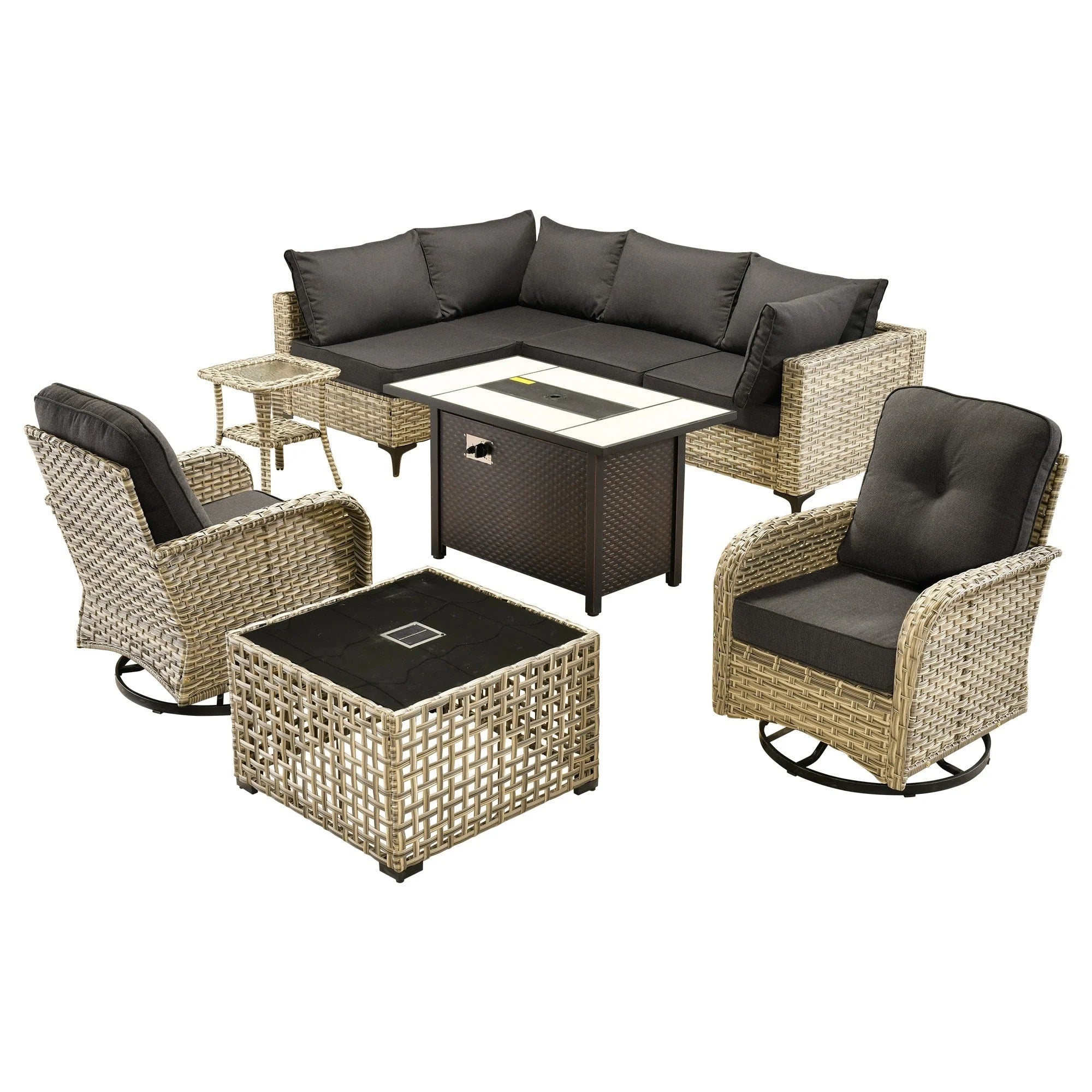 Ensemble de 9 chaises pivotantes en osier OVIOS pour l'extérieur avec table brasero