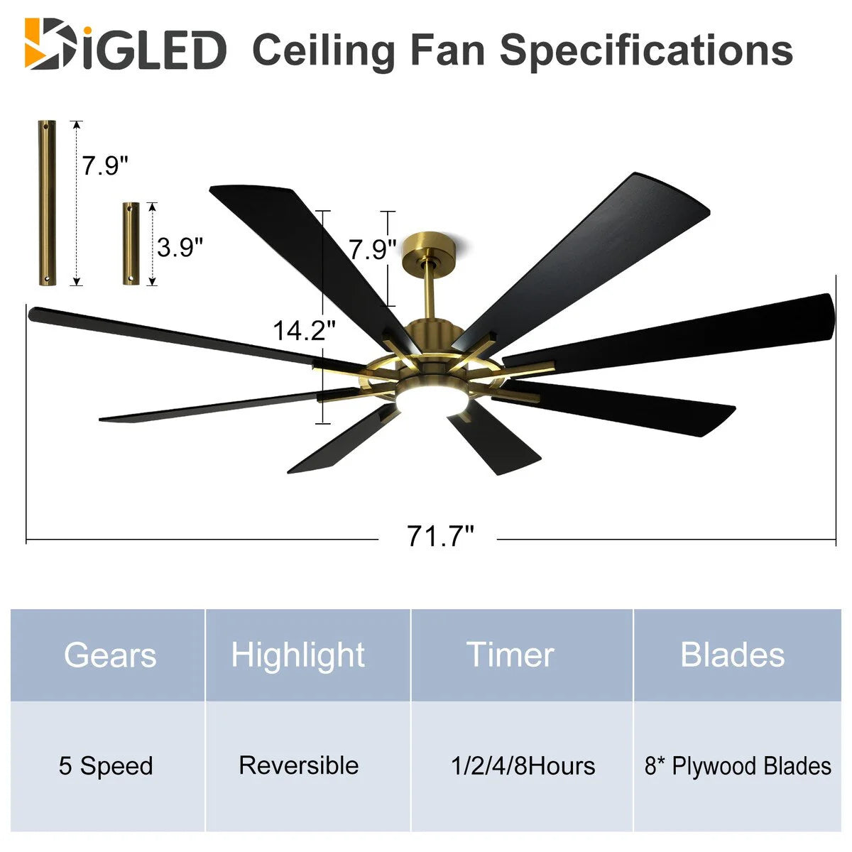 Ventilateur de plafond télécommandé avec lumières, grandes 8 pales en bois