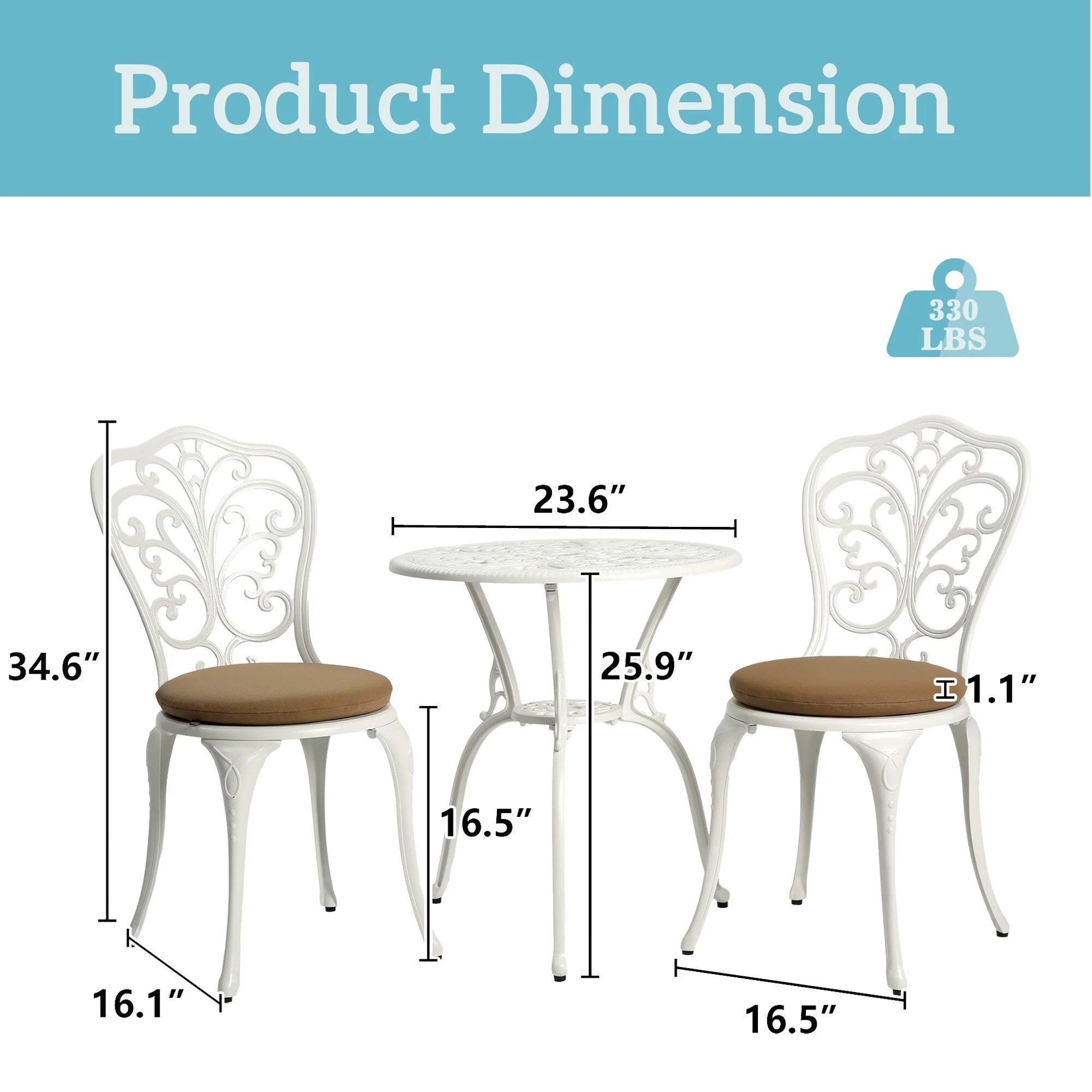 Table et chaises de patio extérieur en aluminium 3 pièces avec trou pour parasol