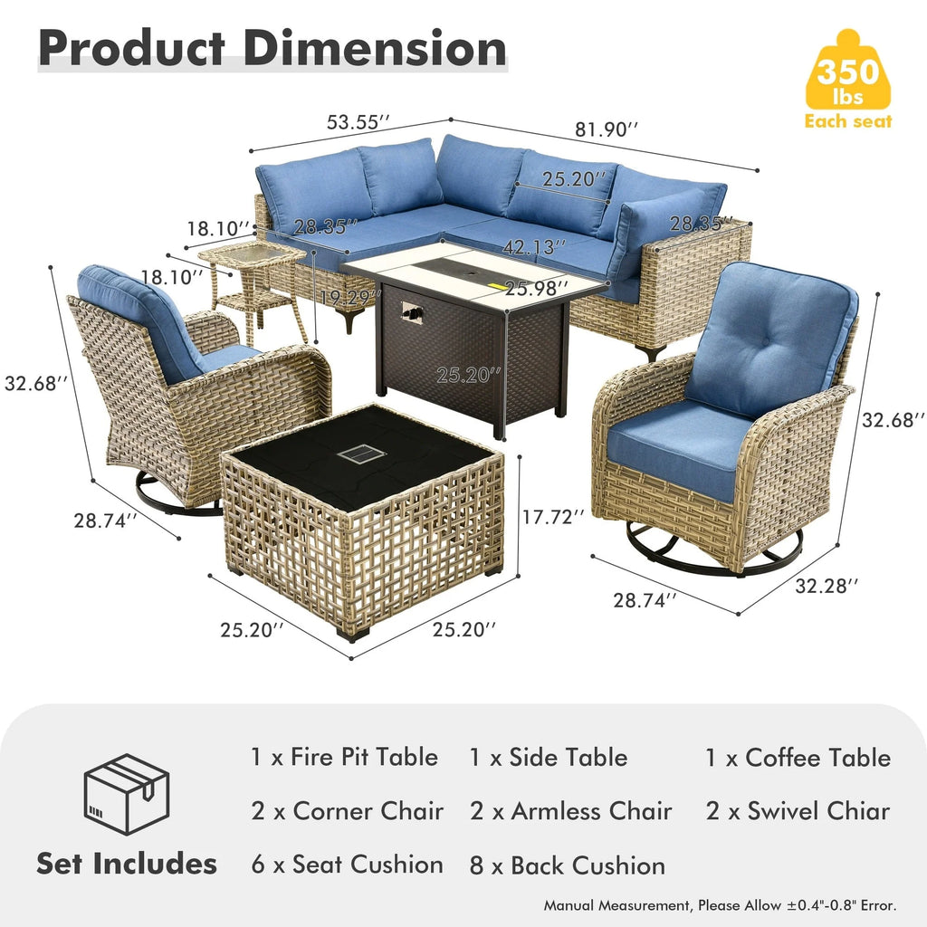 Ensemble de 9 chaises pivotantes en osier OVIOS pour l'extérieur avec table brasero