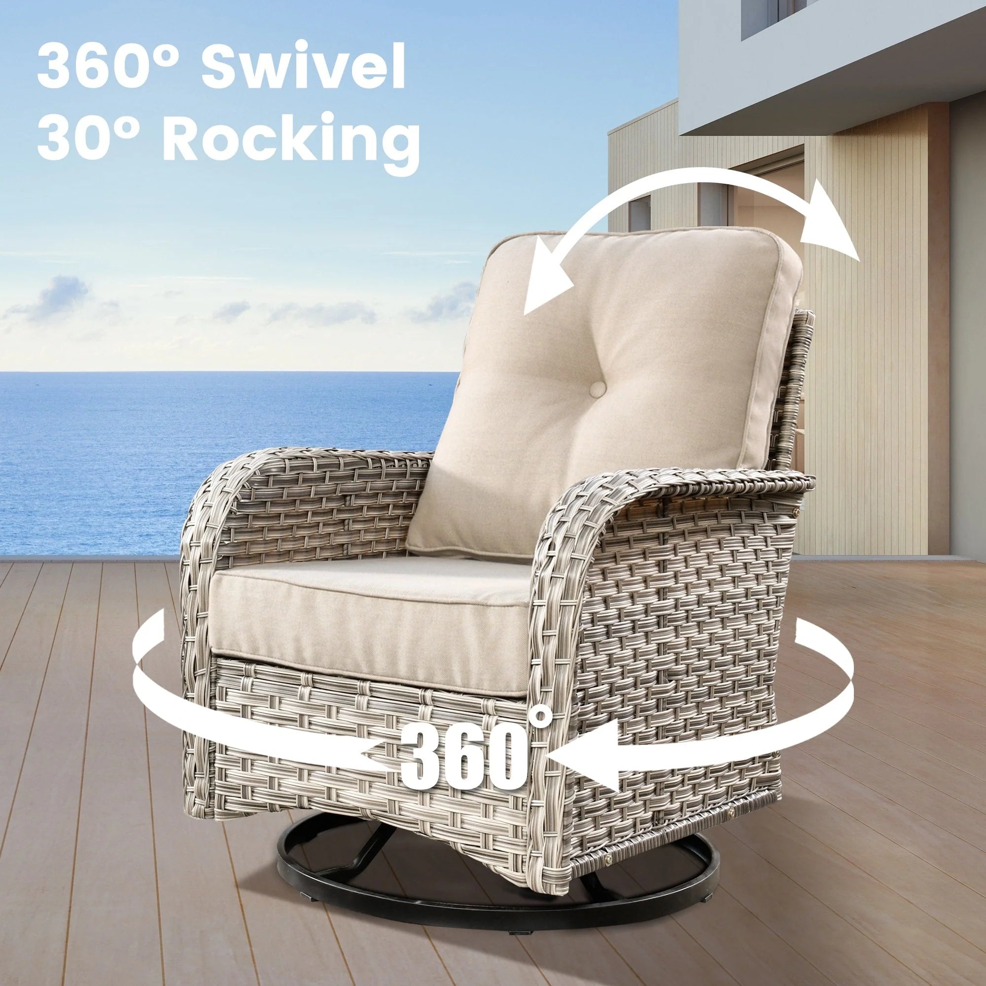 Ensemble de 9 chaises pivotantes en osier OVIOS pour l'extérieur avec table brasero