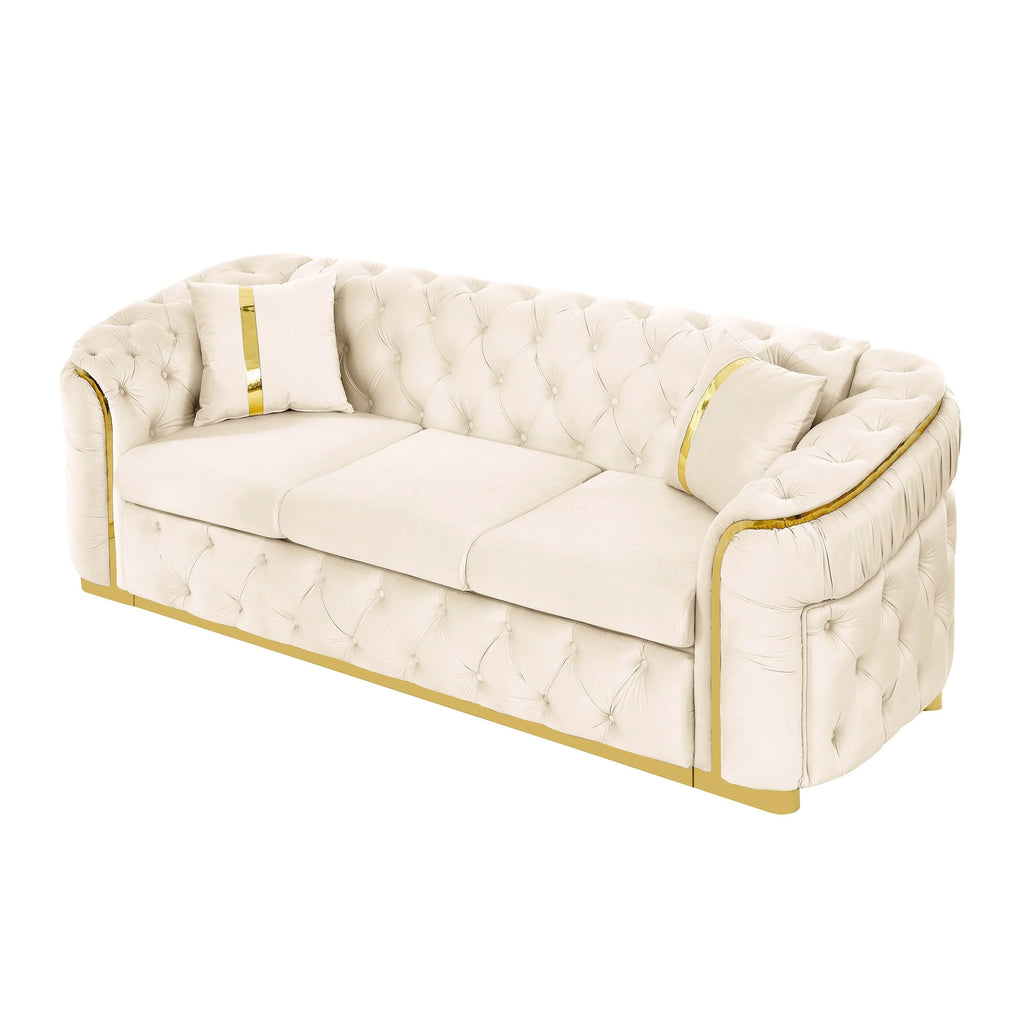 Canapé 3 places 90,6 Velvet avec 2 coussins haute densité, accents dorés et coussins