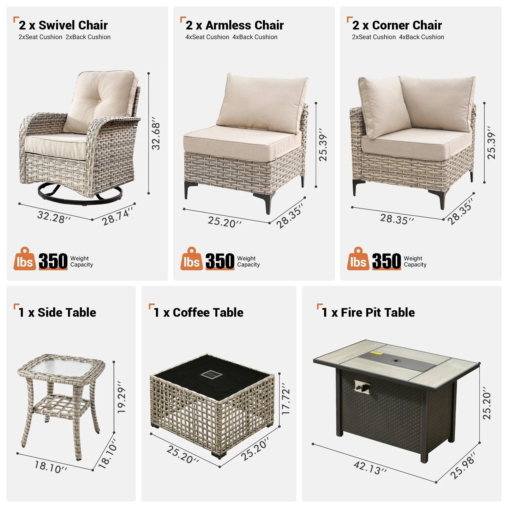 Ensemble de 9 chaises pivotantes en osier OVIOS pour l'extérieur avec table brasero