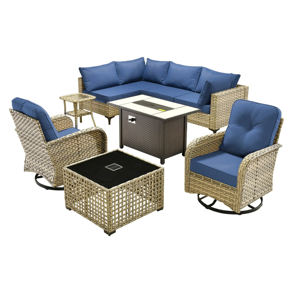 Ensemble de 9 chaises pivotantes en osier OVIOS pour l'extérieur avec table brasero