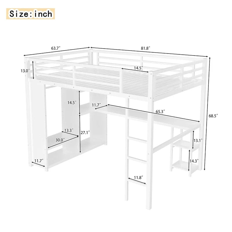 Lit mezzanine Queen - Armoire et bureau intégrés, cadre métallique avec étagères