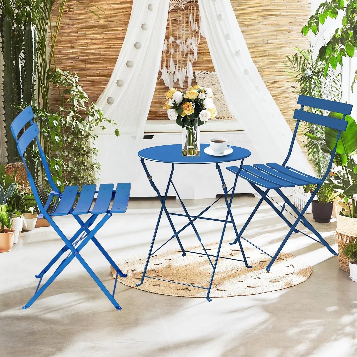 Ensemble bistro pliant 3 pièces en métal, ensemble de conversation intérieur/extérieur résistant aux intempéries pour patio, cour, jardin