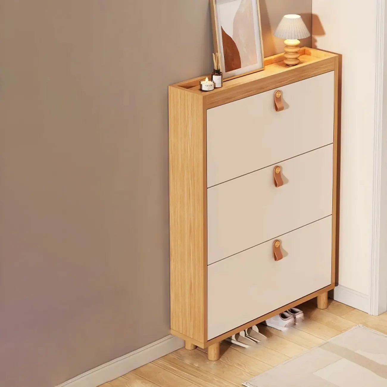 Meuble à chaussures étroit naturel à portes abattantes