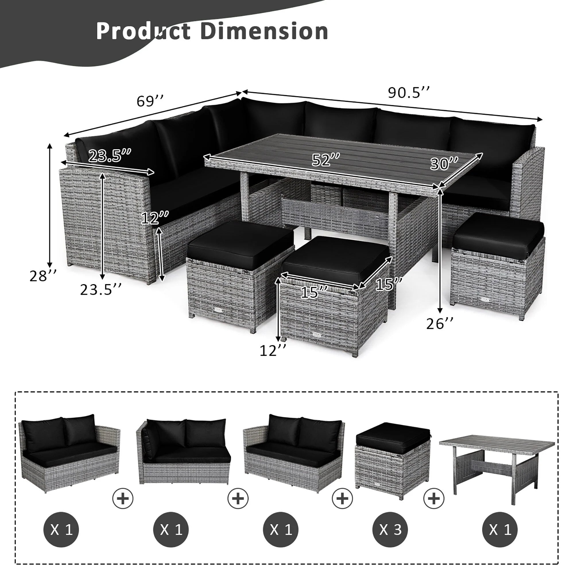 Ensemble de salle à manger Costway 7 pièces en rotin pour terrasse, canapé sectionnel et pouf - Voir détails