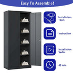 Armoire de rangement métallique de garage 72H, armoire de rangement noire en acier avec portes et 4 étagères